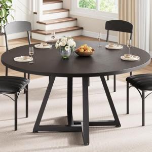 Jocoevol Round Kitchen Dining Room Table Circle Dining Dinner Table with Pedestal Metal Frame, Space Saving Wood Industrial Furniture for Small Space (Black, 47IN)