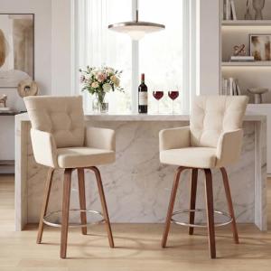 TQHOQ 28 Inch Bar Stools Set of 2, Modern Counter Height Swivel Bar Stools with Backs and Arms, Wood Legs and Footrest, Upholstered Pub Off White Bar Chairs Kitchen Island