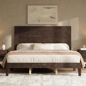 AMERLIFE King Sizes Solid Wood Bed Frame with 48" Headboard, Mid Century Modern Platform Bed with Silent Wood Slat System, No Box Spring Needed, Under-Bed Storage, Walnut