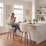 TQHOQ 28 Inch Bar Stools Set of 2, Modern Counter Height Swivel Bar Stools with Backs and Arms, Wood Legs and Footrest, Upholstered Pub Off White Bar Chairs Kitchen Island