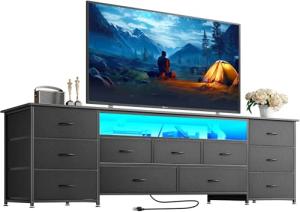 Huuger 70 Inch TV Stand for 75, 80 Inch TV, 11 Drawer Long Dresser with Power Outlets and LED Lights, Entertainment Center with Storage, Black Dresser with PU Leather Surface