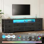 Huuger 70 Inch TV Stand for 75, 80 Inch TV, 11 Drawer Long Dresser with Power Outlets and LED Lights, Entertainment Center with Storage, Black Dresser with PU Leather Surface