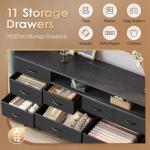 Huuger 70 Inch TV Stand for 75, 80 Inch TV, 11 Drawer Long Dresser with Power Outlets and LED Lights, Entertainment Center with Storage, Black Dresser with PU Leather Surface