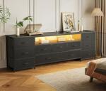 Huuger 70 Inch TV Stand for 75, 80 Inch TV, 11 Drawer Long Dresser with Power Outlets and LED Lights, Entertainment Center with Storage, Black Dresser with PU Leather Surface