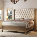 Jocisland Solid Wood King Size Bed Frame, 57" Tall Farmhouse Platform Beds, Upholstered Line Wingback Headboard, Deep Button Tufted, No Box Spring Needed, Easy Assembly, Gray Wash