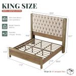 Jocisland Solid Wood King Size Bed Frame, 57" Tall Farmhouse Platform Beds, Upholstered Line Wingback Headboard, Deep Button Tufted, No Box Spring Needed, Easy Assembly, Gray Wash