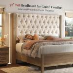 Jocisland Solid Wood King Size Bed Frame, 57" Tall Farmhouse Platform Beds, Upholstered Line Wingback Headboard, Deep Button Tufted, No Box Spring Needed, Easy Assembly, Gray Wash