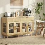 IRONCK 59'' Sideboard Buffet Cabinet with Drawers, Modern Kitchen Storage Cabinet with Adjustable Shelves and Tempered Glass Doors, Wood Coffee Bar for Kitchen, Living Room, Oak