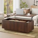 FABATO Mid Century Modern Coffee Table, Wooden Fluted Center Table with Large Hidden Compartment, 41.7” Rectangle with Round Corners, Lift Up Farmhouse Wood Table for Living Room, Home Office, Walnut