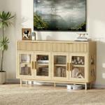 IRONCK 59'' Sideboard Buffet Cabinet with Drawers, Modern Kitchen Storage Cabinet with Adjustable Shelves and Tempered Glass Doors, Wood Coffee Bar for Kitchen, Living Room, Oak