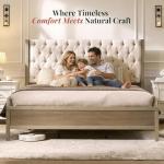 Jocisland Solid Wood King Size Bed Frame, 57" Tall Farmhouse Platform Beds, Upholstered Line Wingback Headboard, Deep Button Tufted, No Box Spring Needed, Easy Assembly, Gray Wash