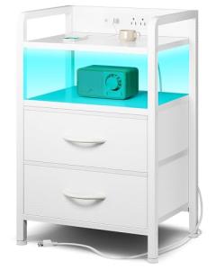 Lazzanto Night Stand Bedside Table Bedroom - White Nightstand with Charging Station & LED Light Strip, Morden Bed Side End Table with Storage Shelf & 2 Fabric Drawers, U-S-B Ports & AC Outlets