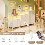 Lazzanto Night Stand Bedside Table Bedroom - White Nightstand with Charging Station & LED Light Strip, Morden Bed Side End Table with Storage Shelf & 2 Fabric Drawers, U-S-B Ports & AC Outlets