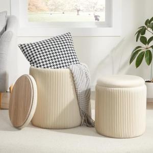 Royal Windsor Round Ottoman with Storage Set of 2,Vanity Stool with Storage for Bedroom, Ottoman Coffee Table,Small Velvet Foot Stool for Living Room, Beige