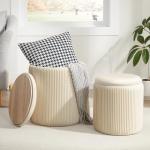 Royal Windsor Round Ottoman with Storage Set of 2,Vanity Stool with Storage for Bedroom, Ottoman Coffee Table,Small Velvet Foot Stool for Living Room, Beige