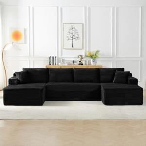 134" U-Shaped Cloud Couch Sectional, Oversized Modular Boneless Sleeper Sofa with Side Pockets & Cup Holders, 4-Seater Modern Deep Seat Corduroy Couch for Living Room, No Assembly Required, Black