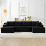 134" U-Shaped Cloud Couch Sectional, Oversized Modular Boneless Sleeper Sofa with Side Pockets & Cup Holders, 4-Seater Modern Deep Seat Corduroy Couch for Living Room, No Assembly Required, Black