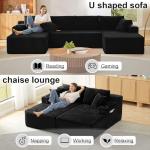 134" U-Shaped Cloud Couch Sectional, Oversized Modular Boneless Sleeper Sofa with Side Pockets & Cup Holders, 4-Seater Modern Deep Seat Corduroy Couch for Living Room, No Assembly Required, Black