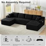 134" U-Shaped Cloud Couch Sectional, Oversized Modular Boneless Sleeper Sofa with Side Pockets & Cup Holders, 4-Seater Modern Deep Seat Corduroy Couch for Living Room, No Assembly Required, Black