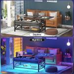 Aheaplus Lift Top Coffee Center Table with LED Light and Power Outlet, Modern Table with Storage Shelf for Living Room, Lift Tabletop, X Support, Metal Frame, Black Oak