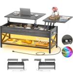 Aheaplus Lift Top Coffee Center Table with LED Light and Power Outlet, Modern Table with Storage Shelf for Living Room, Lift Tabletop, X Support, Metal Frame, Black Oak