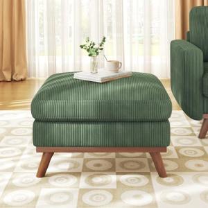 Vesgantti Large Ottoman for Modular Sofa, 29.5" Corduroy Pouf Ottoman with Spring Cushion, Rectangle Foot Rest for Couch, Entrance Footstool with Wood Legs, Footstool for Living Room, Bedroom, Green