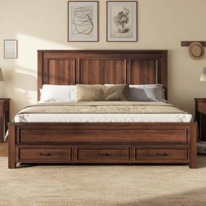 AMERLIFE 52.2" Farmhouse King Bed Frame with Tall -Panel Headboard & Footboard, Wood Platform Bed Frame with 3 Large Storage Drawers, Noiseless, No Box Spring Needed, Rustic Brown