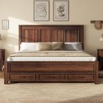 AMERLIFE 52.2" Farmhouse King Bed Frame with Tall -Panel Headboard & Footboard, Wood Platform Bed Frame with 3 Large Storage Drawers, Noiseless, No Box Spring Needed, Rustic Brown