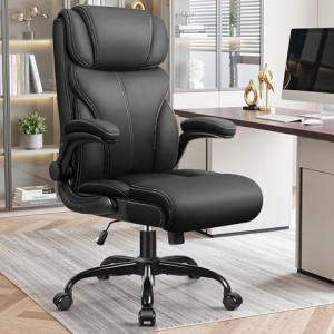 Primy Office Chair, Ergonomic Leather Desk Chair with Flip-up Armrests, Big and Tall High Back Executive Computer & Gaming Chair with Footrest, Comfy Padded, Rocking Function and Lumbar Support(Black)