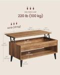 VASAGLE Lift Top Coffee Table, Lift Tabletop Dining Table, Gas Spring, Hidden Compartment, Open Storage Shelf, for Living Room, Home Office, Honey Brown ULCT268KB01S