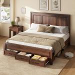 AMERLIFE 52.2" Farmhouse King Bed Frame with Tall -Panel Headboard & Footboard, Wood Platform Bed Frame with 3 Large Storage Drawers, Noiseless, No Box Spring Needed, Rustic Brown