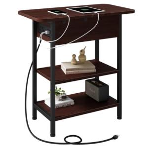 LIDYUK End Table with Charging Station, Flip Top Side Table with USB Ports and Outlets, Nightstand for Small Spaces, Bedside Tables with Storage Shelf for Living Room, Bedroom, Dark Cherry