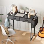 DUMOS 32" Home Office Computer Desk with Drawers, Small Gaming Writing Study Table with Storage Side Bag, Headphone Hook and Adjustable Feet for Bedroom Black