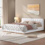 Merax King Size Boucle Platform Bed Frame with Thick Vertical Channel Tufted Headboard, Low Profile Design Upholstered Floor Bed Frame with Solid Wood Base, No Box Spring Needed, Noise-Free, White