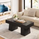 LITTLE TREE Farmhouse Coffee Table, 47 Inches Wooden Rectangular Accent Center Tables with Thick Base, Modern Low Cocktail Tea Furniture for Living Room (Black)