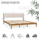 Yechen Japanese Joinery Bamboo King Bed Frame with Upholstered Headboard, Mid-Century FSC-Certified Solid Bamboo Wood Platform Beds, Noise-Free with Metal Support, Easy Assembly, No Box Spring Needed
