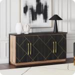 BELLEZE 65 Inch Buffet Sideboard Cabinet with Elegant Gold Trim, Modern Storage Console Table with Decorative Doors for Dining Room, Kitchen, and Living Room (Espresso Black)