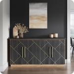 BELLEZE 65 Inch Buffet Sideboard Cabinet with Elegant Gold Trim, Modern Storage Console Table with Decorative Doors for Dining Room, Kitchen, and Living Room (Espresso Black)