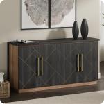 BELLEZE 65 Inch Buffet Sideboard Cabinet with Elegant Gold Trim, Modern Storage Console Table with Decorative Doors for Dining Room, Kitchen, and Living Room (Espresso Black)