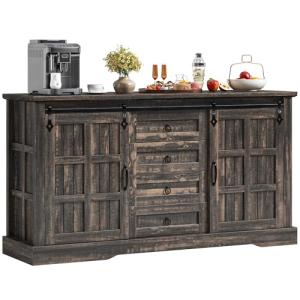 DWVO Farmhouse Sideboard Buffet Cabinet with Storage, Large Kitchen Storage Cabinet w/Sliding Barn Doors and Drawers for Dining Room, Living Rool, Dark Rustic Oak
