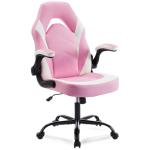 DUMOS Ergonomic Computer Gaming Chair - Home Office Desk with PU Leather Lumbar Support, Height Adjustable Big and Tall Video Game with Flip-up Armrest, Swivel Wheels for Adults, White and Pink