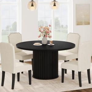 GarveeHome 47Inch Round Dining Table for 4-6 People, Black Dining Room Table with Sturdy Waveform Metal Pedestal Base, Industrial Circle Kitchen Table for Dining Room, Kitchen