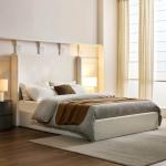 NTYUNRR Queen Size Upholstered Platform Bed Frame, 54" High Headboard Carmen Wingback Bed, Fully Upholstered Mattress Foundation, No Box Spring Needed No Noise, Minimalist, Textured Ivory