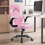 DUMOS Ergonomic Computer Gaming Chair - Home Office Desk with PU Leather Lumbar Support, Height Adjustable Big and Tall Video Game with Flip-up Armrest, Swivel Wheels for Adults, White and Pink