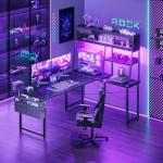 AODK L Shaped Gaming Desk with Led Lights, 51 Inch Reversible Gaming Computer Desk with Display Shelves, PC Gamer Desk Gamer Table with Storage Bag, L Desk for Game, Black