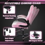 DUMOS Ergonomic Computer Gaming Chair - Home Office Desk with PU Leather Lumbar Support, Height Adjustable Big and Tall Video Game with Flip-up Armrest, Swivel Wheels for Adults, White and Pink