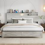 PAUKIN King Size Bed Frame with Headboard, Rustic Farmhouse Wood Bed Frame with LED Lights and Charging Station, Easy Assembly, No Box Spring Needed (White, King)