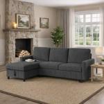 JAMFLY Pull Out Sleeper Sofa Bed with Storage Chaise, L-Shaped Corduroy Sectional Couch, 3-Seater Convertible Sofa with Hidden Storage for Small Living Room, Apartment, Office, Grey