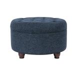 Homepop Home Decor | Large Button Tufted Woven Round Storage Ottoman for Living Room & Bedroom (Navy Woven) 25 inch D x 25 inch W x 15 inch H