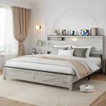 PAUKIN King Size Bed Frame with Headboard, Rustic Farmhouse Wood Bed Frame with LED Lights and Charging Station, Easy Assembly, No Box Spring Needed (White, King)